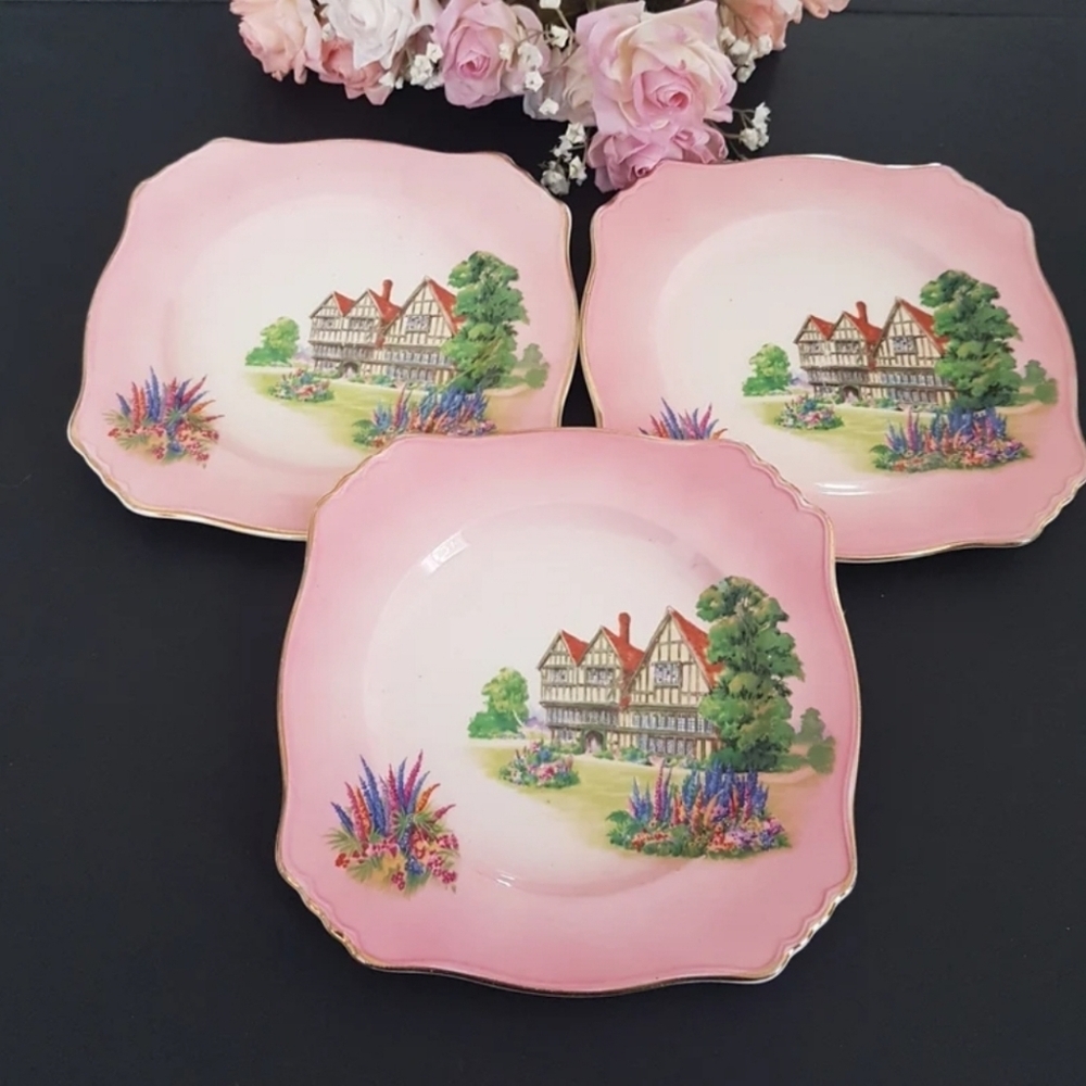 Royal Winton Grimwades Dessert Plates: Pink Old English Manor Set of 3